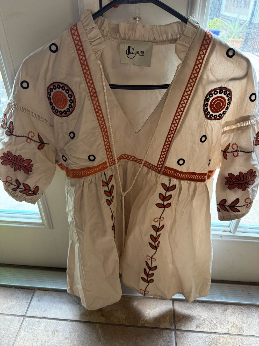 Johanna Paris Cream Embroidered V-Neck Tunic with Rust Accents
